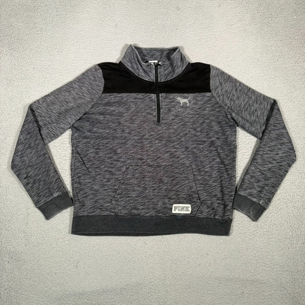Pink Victoria Secret Sweater Womens Large Gray 1/4 Zip Cotton Blend Preppy Logo